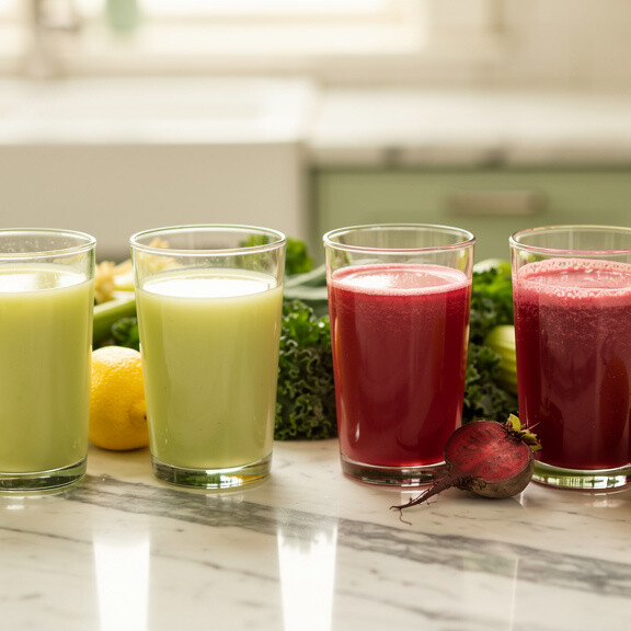 Glasses of low-sugar vegetable juices on a counter with cucumber, celery, kale, lemon and beet.