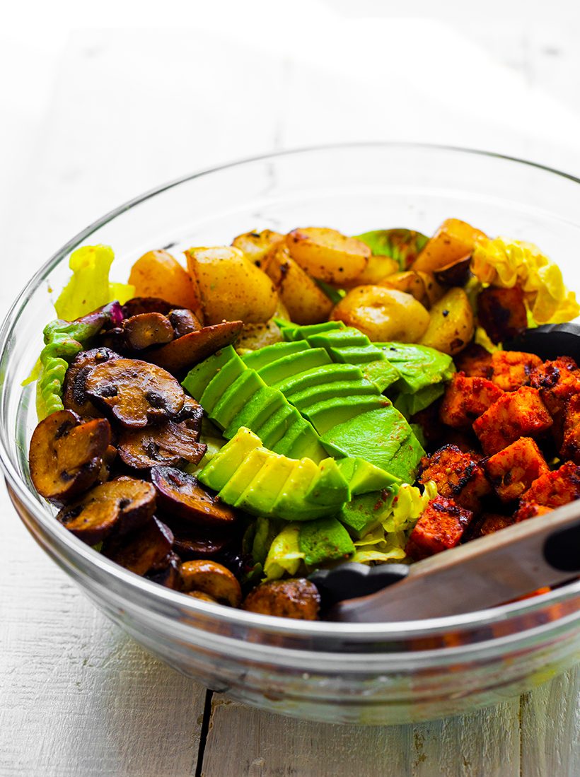Butter lettuce topped with potatoes, mushrooms, smoky tempeh bacon and sliced avocado, tossed in a sweet mustard dressing.