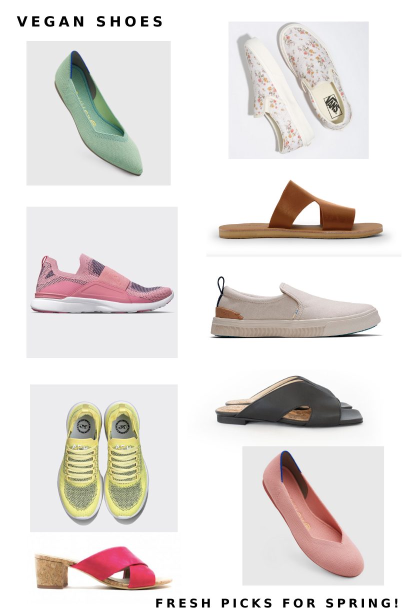 Ten vegan shoe picks for spring 2020, including pastel flats, floral sneakers and strappy sandals.