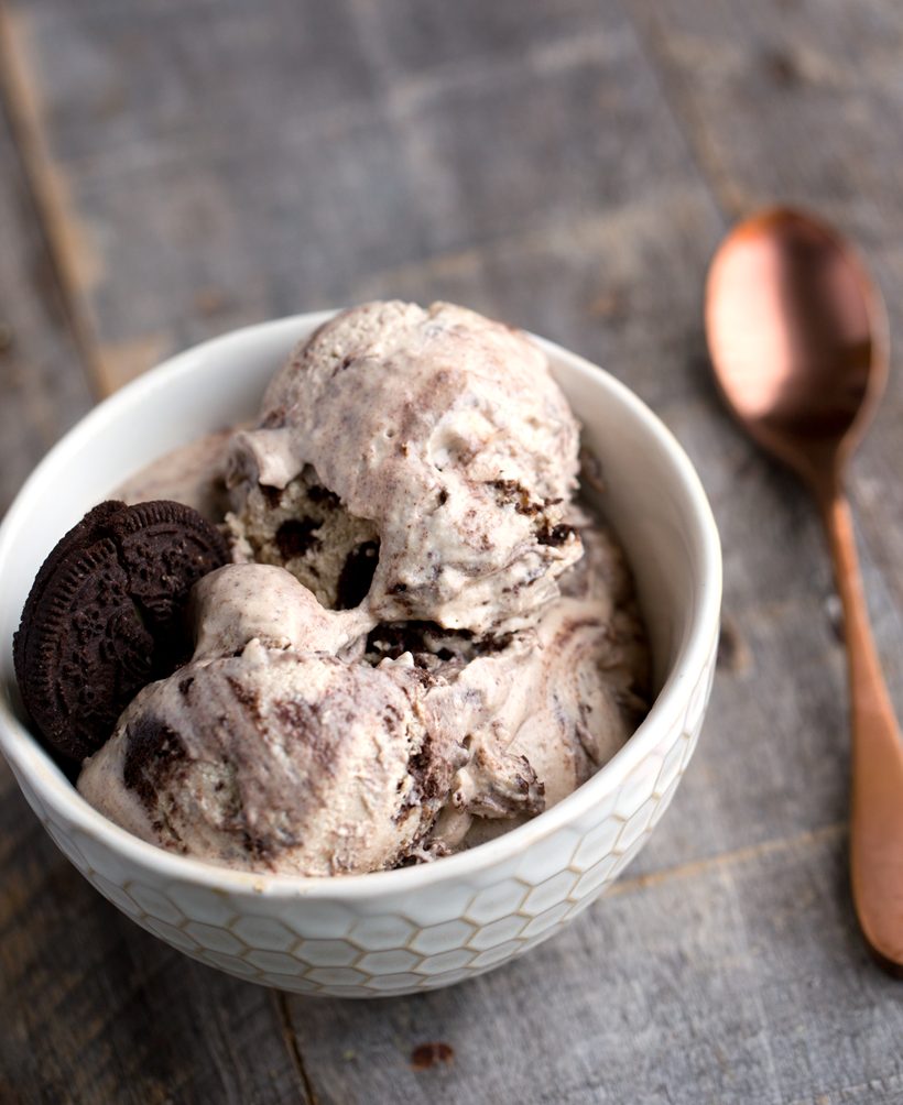 Rich, fluffy cashew-based vegan ice cream mixed with crumbled chocolate sandwich cookies.