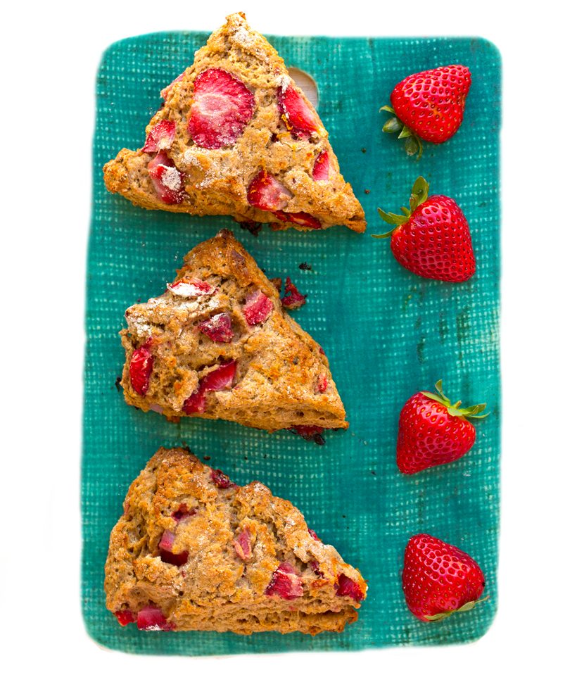 Fluffy vegan strawberry scones with orange zest and banana, tender insides and crisp, buttery exteriors.