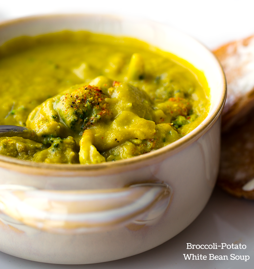 Creamy broccoli, potato and white bean soup studded with tender broccoli florets, onions and potato chunks.