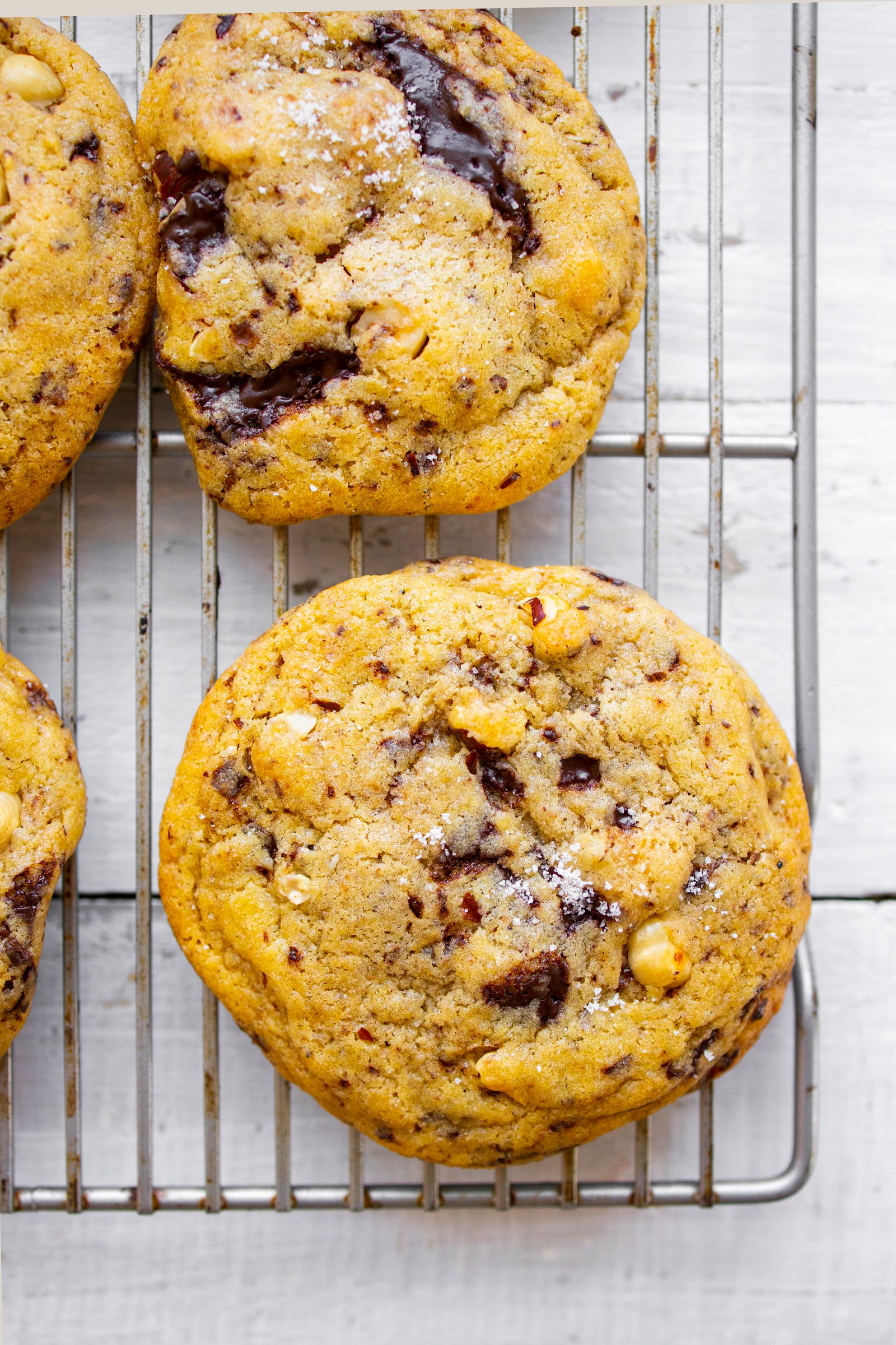 Chewy chocolate chunk hazelnut cookies with chopped dark chocolate, crunchy hazelnuts, and a sprinkle of sea salt.