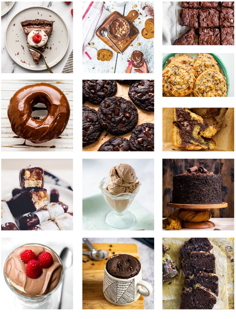 A collection of vegan chocolate desserts, including brownies, cookies, cakes, tarts, and ice cream.