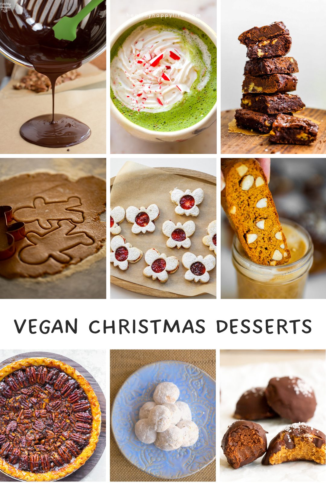 A collection of 29 vegan Christmas desserts, including cookies, pies, chocolate treats, and other holiday baking classics.