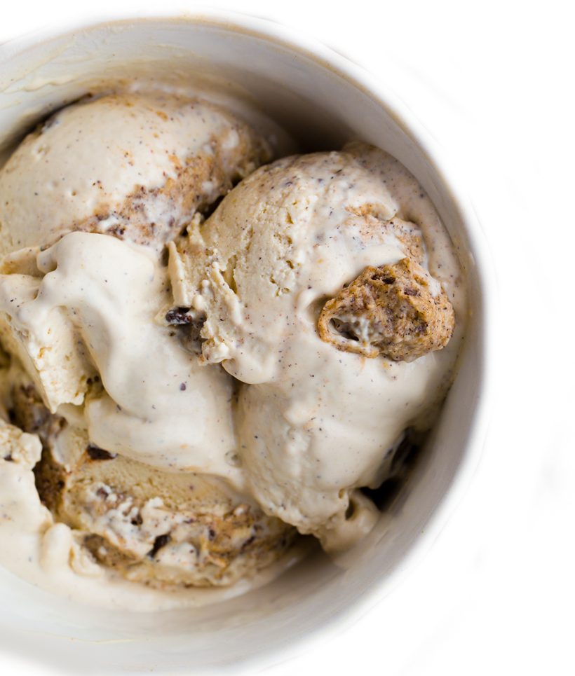 Creamy vanilla cashew ice cream with chunks of vegan cookie dough and finely chopped chocolate.