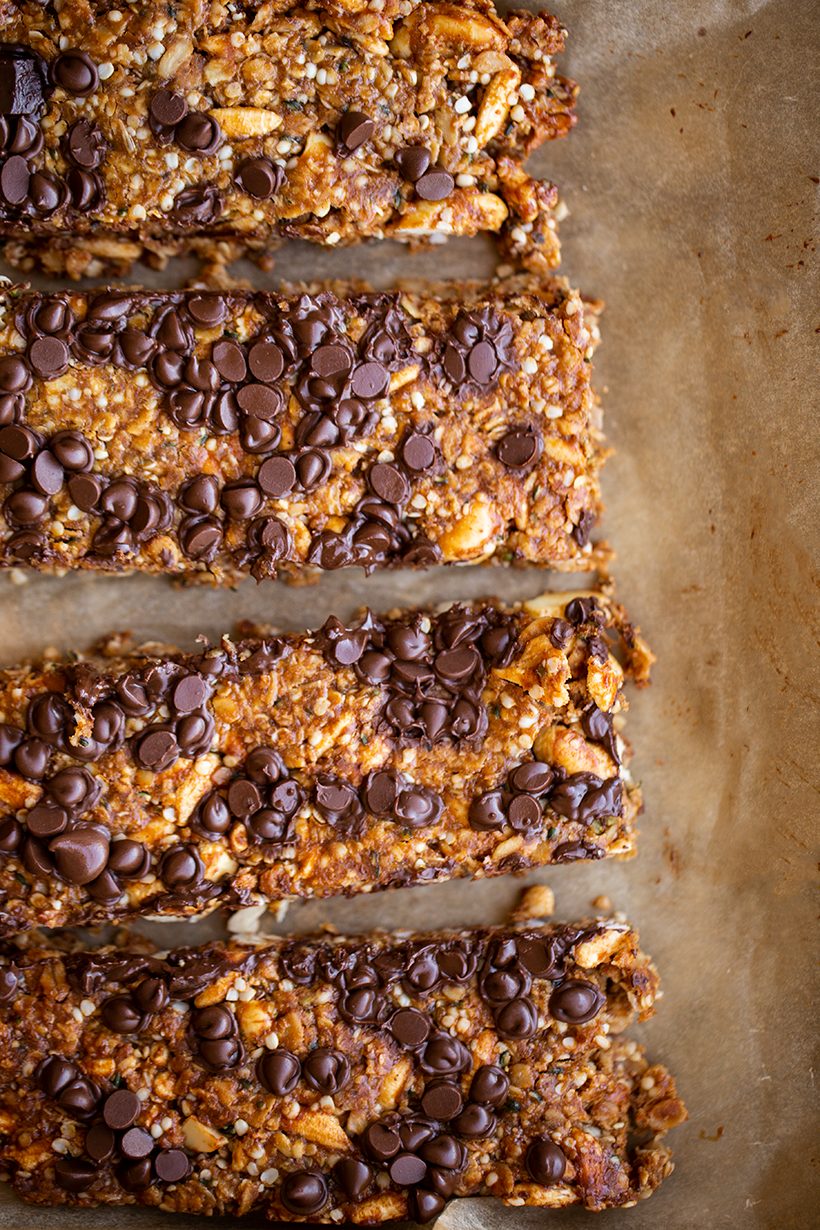 Chewy chocolate chip granola bars with peanut butter, rolled oats, cashews and hemp seeds.