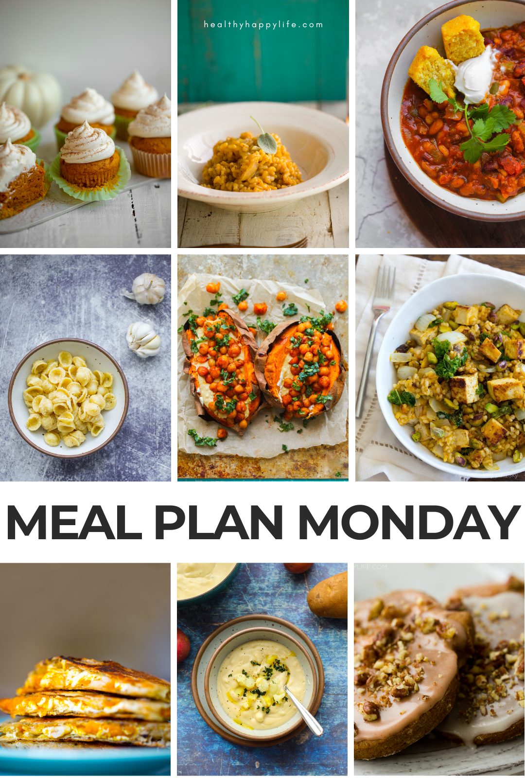 A vegan weekly meal plan featuring fall dinners, pumpkin desserts, and cozy bean soup.